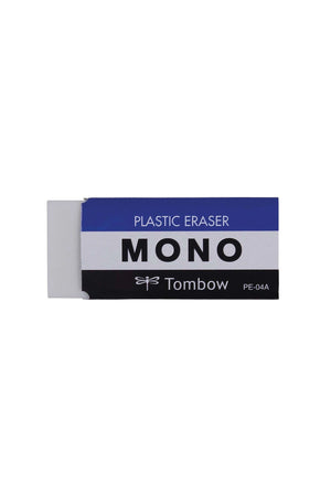 Soft plastic eraser with a protective paper sleeve that features blue white and black stripes. The sleeve says Plastic eraser. Mono. Tombow. White background.