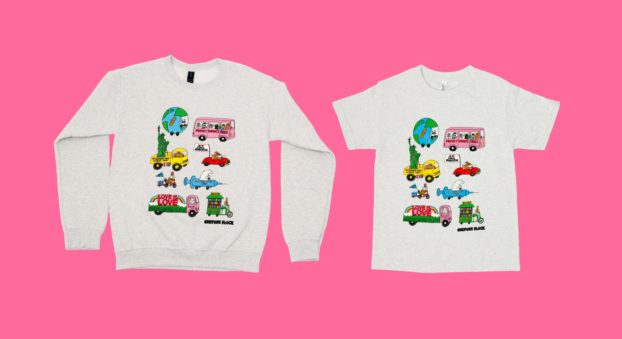 Heather grey t-shirt and sweatshirt with whimsical illustrations of little critters driving vehicles with important messages including: "protect women's rights", "immigrants make America great", and "love is love".