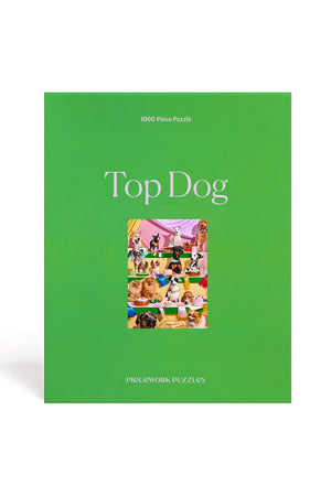 1000 piece puzzle called Top Dog. The box is green with a photo of the finished puzzle in the middle. It features a photo of 14 dogs with random cakes and prize ribbons.