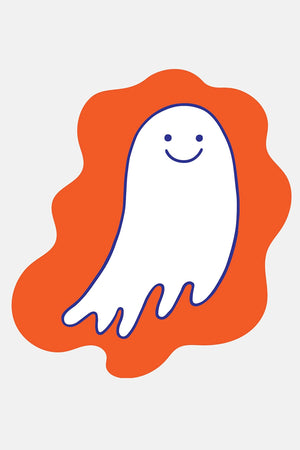 Vinyl sticker of a ghost on a red background. 