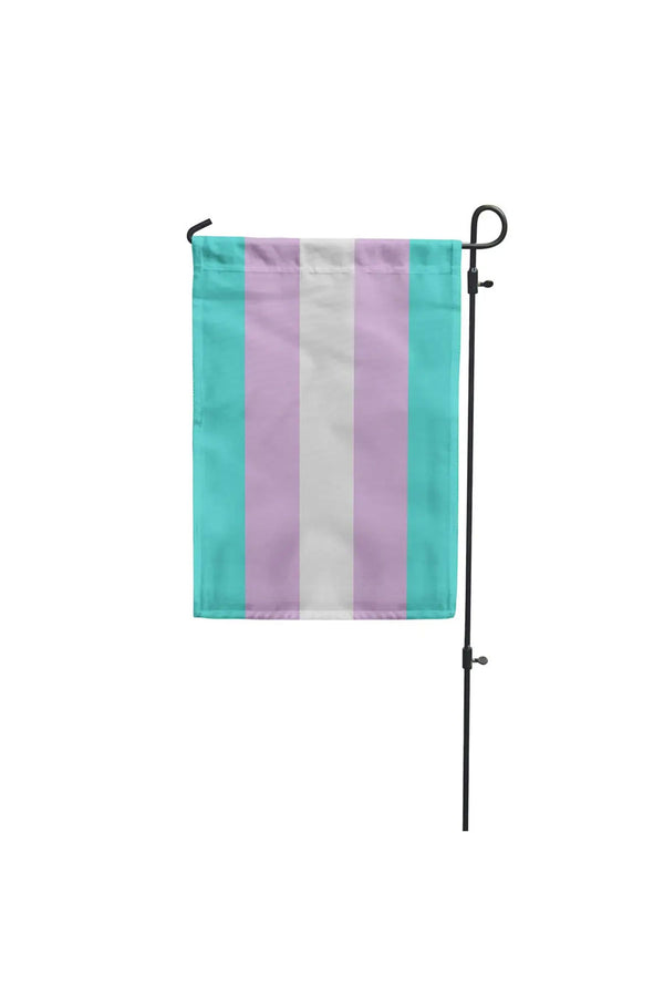 Transgender Pride Flag hanging from a garden pole. White background.