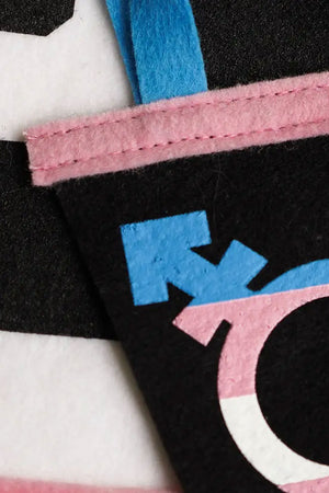 Photo of a close up of the black pennant with pink edge and blue tails. The pennant features the transgender symbol in Blue, Pink, and white.