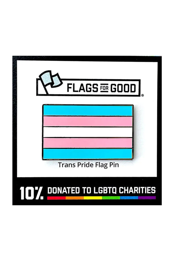 Enamel Pin of the Transgender Pride flag affixed to a black and white backing board. The flag features Blue and Pink stripes with a white stripe in the middle. White background.
