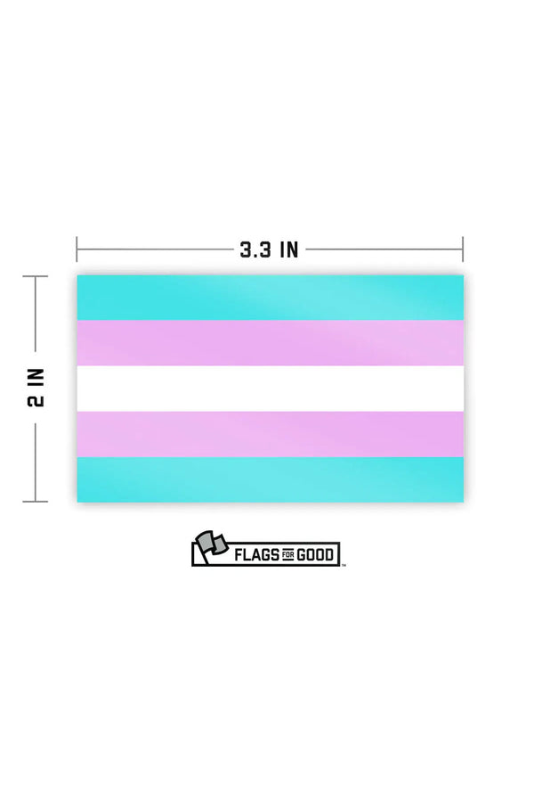 Sticker of the Transgender Pride Flag with measurements depicted. The sticker measures 2x3.3 inches. White background