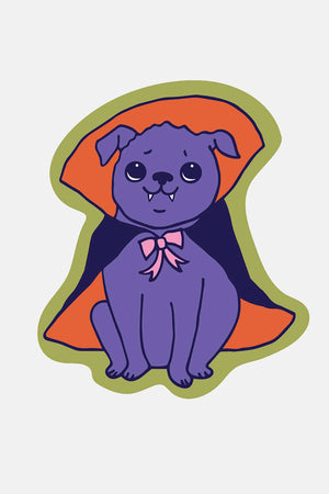 Vinyl sticker of an illustrated  pug in a vampire cape. White background.