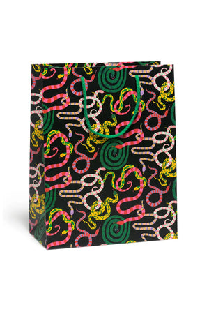 Black gift bag with bright multicolored snakes printed all over it.
