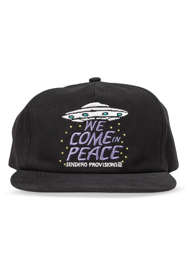 Black baseball hat featuring a UFO and under the craft it says We Come in Peace. White background.