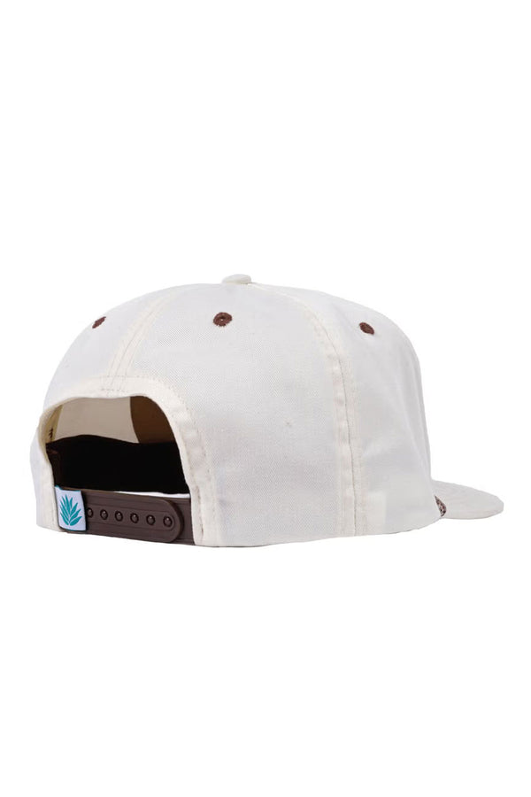 Photo of the back of a white trucker hat with brown plastic snapback. White background.