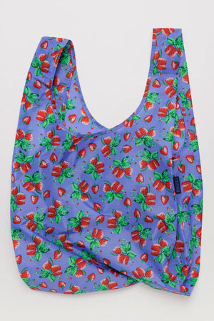 Blue reusable shopping bag featuring Starwberries printed all over it.
