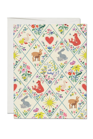 Greeting card with a diamond quilt pattern. In each diamond space there are different Mother and Baby animals. Card says Oh Baby!