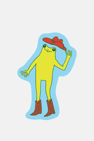 Die cut sticker of a frog wearing red cowboy boots and red cowboy hat on a blue background.