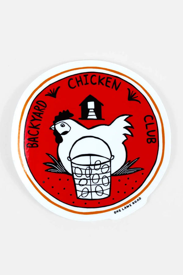 Circle vinyl sticker featuring black and white illustration of a chicken and a basket of eggs against a red background. The sticker says Backyard Chicken Club around the illustration.
