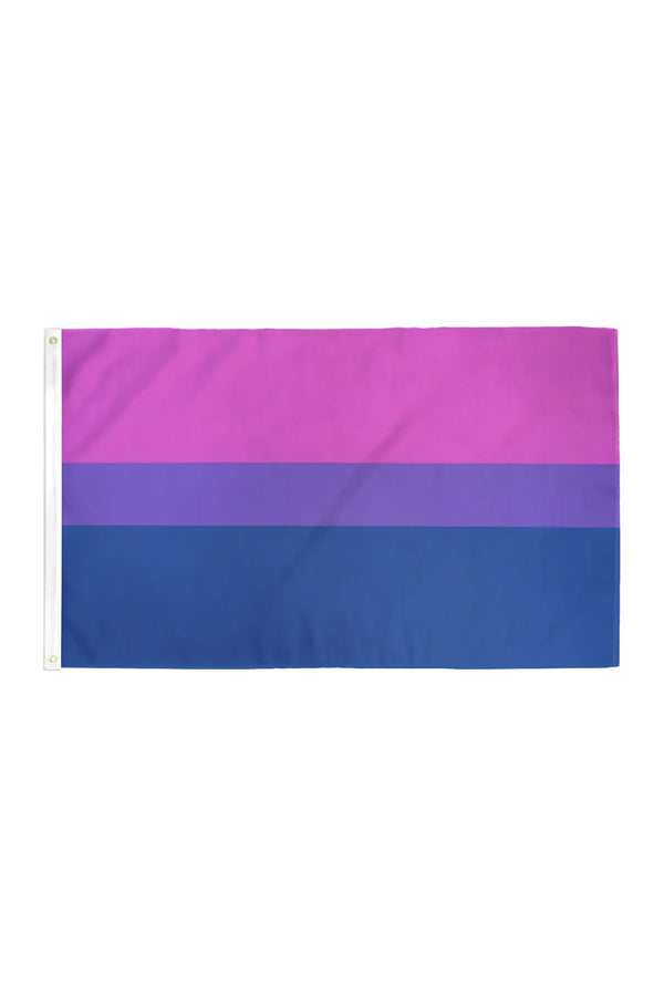 Bisexual Pride Flag unfolded on a white background. The flag features horizontal stripes of Pink, Purple, and Blue.