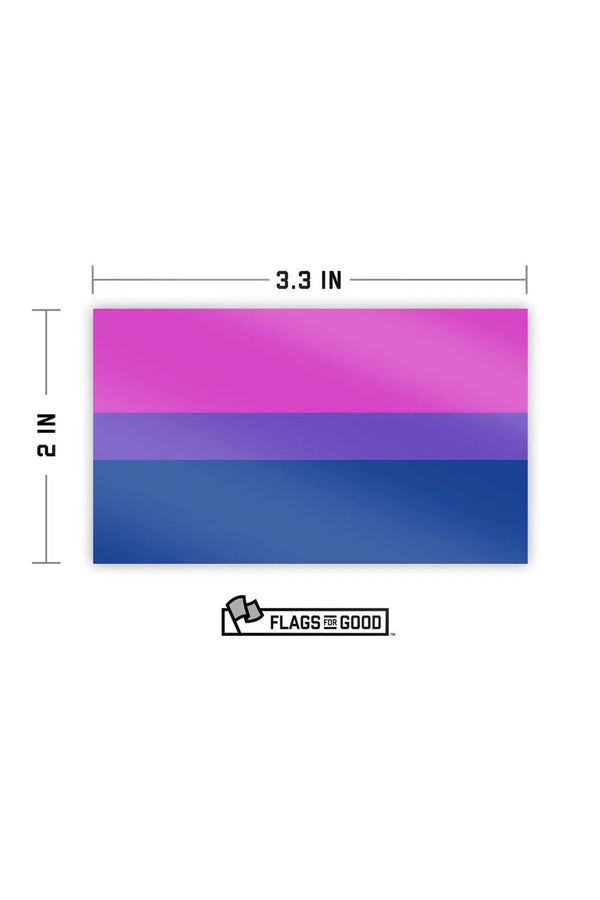 Vinyl Sticker of the Bisexual Pride Flag. the flag features horizontal lines of pink, purple, and blue. Sticker measures 2x3.3 inches. White background.
