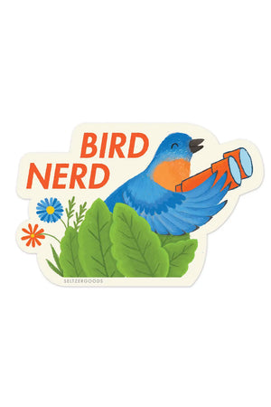 Die cut sticker of a Bird with Binoculars. Sticker says Bird Nerd.