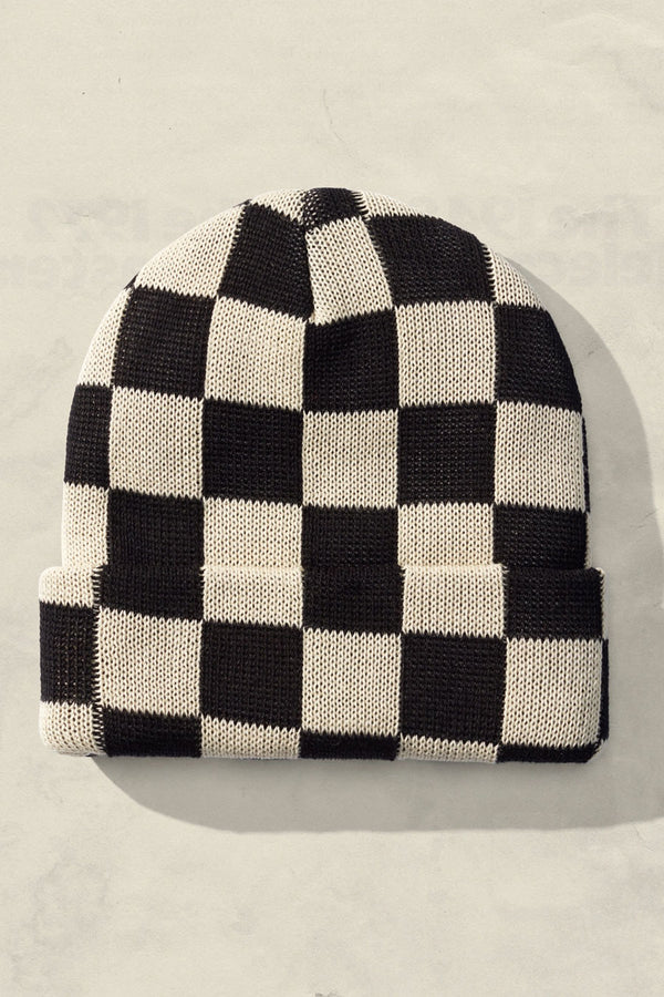 black and white checkerboard beanie.