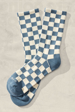 Checkerboard crew socks in cream and slate and cream