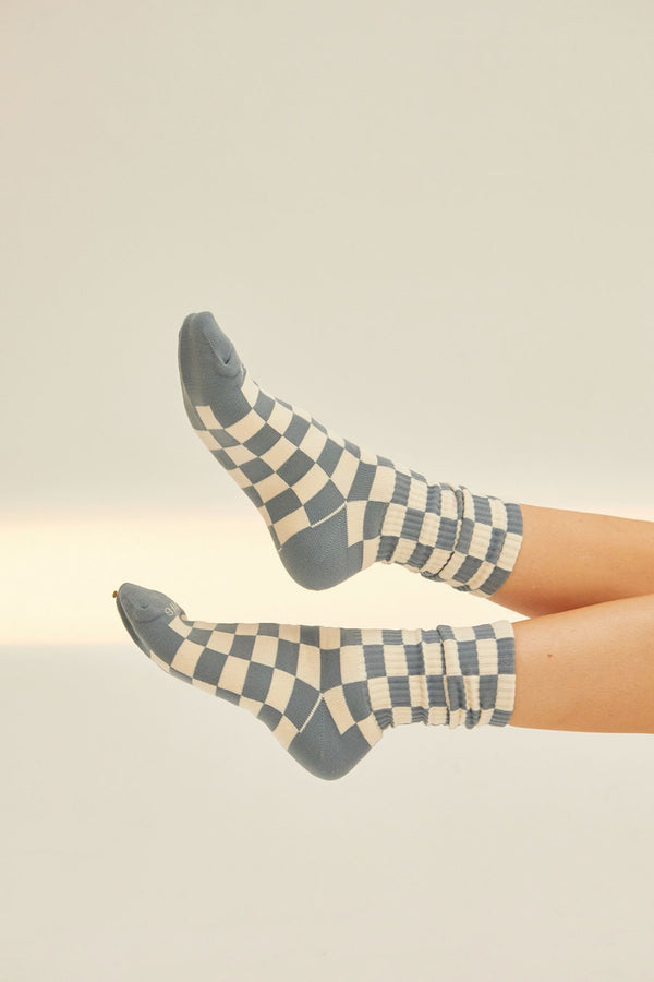 Checkerboard crew socks in cream and slate and cream