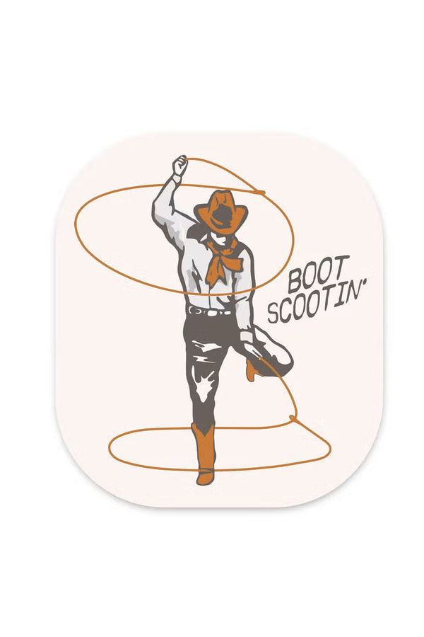Vinyl sticker featuring a Cowgirl jumping through a lasso rope. The sticker says Boot Scootin'. White background.