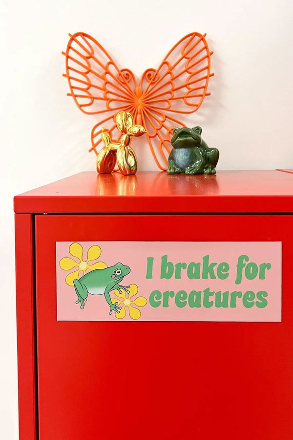 Pink car magnet that says I brake for creatures and features a green frog and yellow flowers. Magnet is on a red file cabinet against a white wall.
