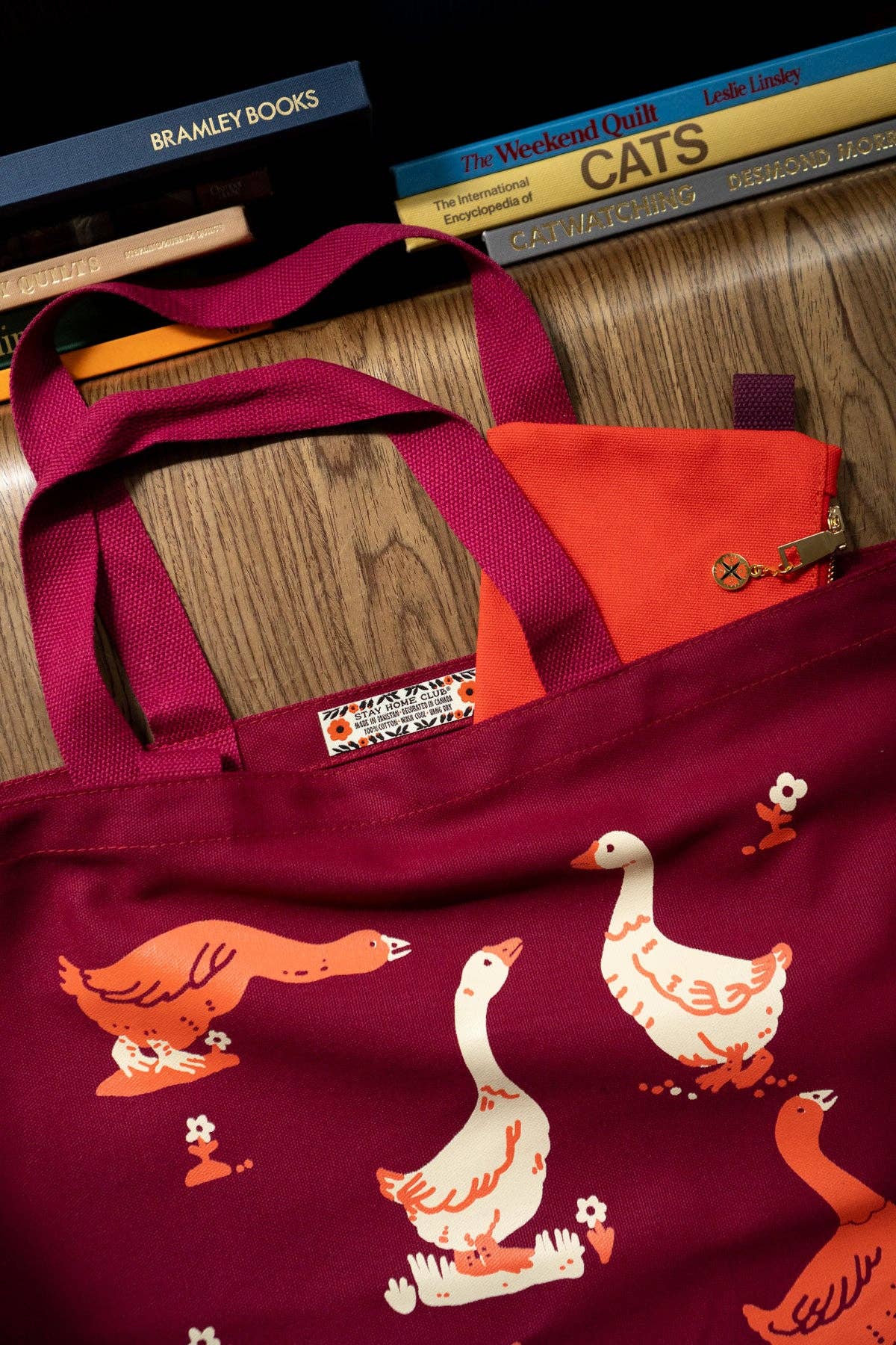 Goose Morning Flat Tote | Red & Maroon Canvas Tote Bag
