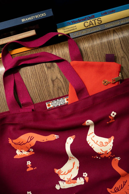 Goose Morning Flat Tote | Red & Maroon Canvas Tote Bag
