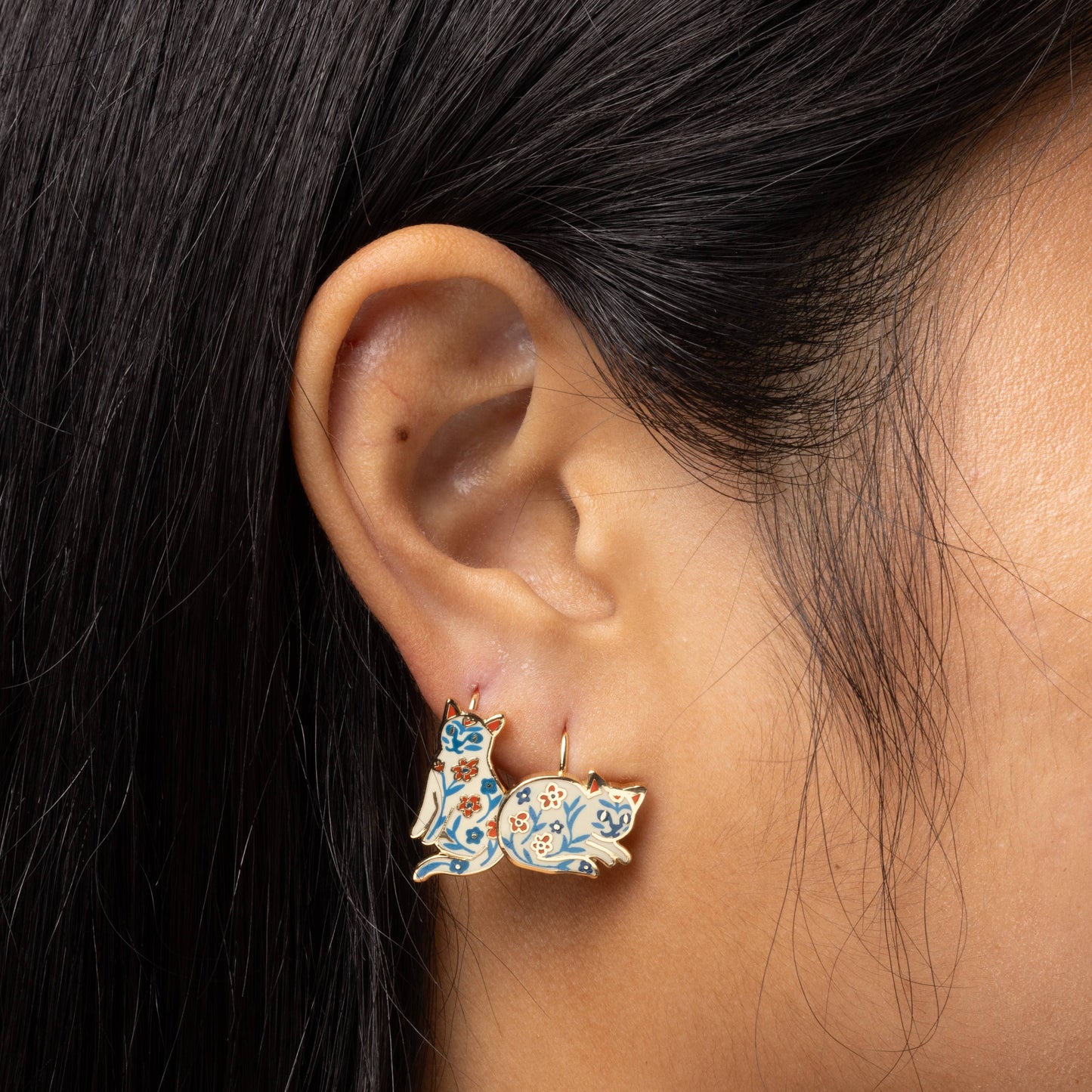 Floral Cat Gold Drop Earrings