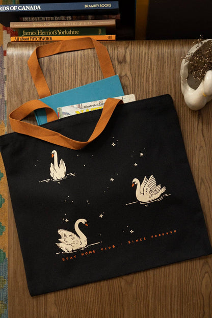 Night Swans Flat Tote | Black Canvas Tote Bag