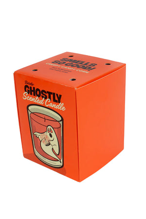Orange box featuring an illustration of a scented candle with a Ghost holding a candle on the front. The box says Ghostly Scented Candle. White background.
