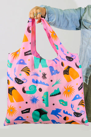 Reusable tote featuring bright colors of blue, pink, orange, teal, and black. Random shapes and body forms printed all over.