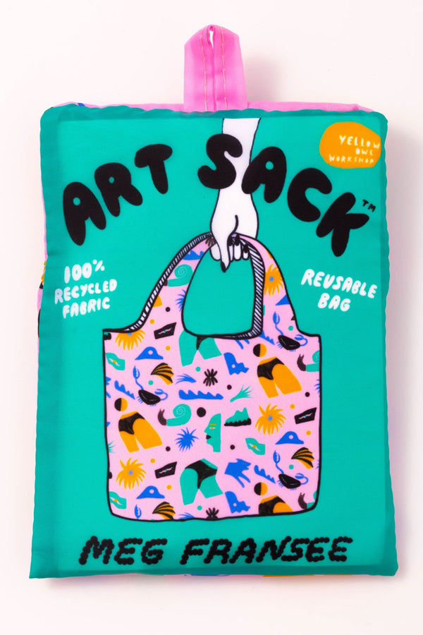 Reusable tote featuring bright colors of blue, pink, orange, teal, and black. Random shapes and body forms printed all over.