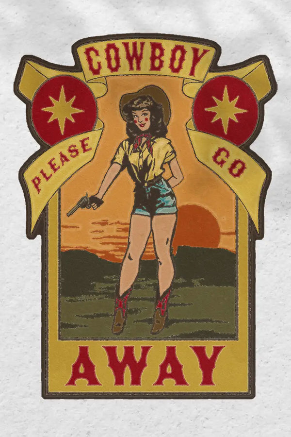 vinyl sticker of a cowgirl with a pistol, surrounded by red western text. The stickers says Cowboy Please Go Away. White background.