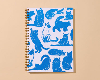 Letterpress A5 Lined Spiral Notebook—Toile Cats Pattern