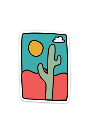 vinyl sticker of a cactus in a desert landscape under the sun.