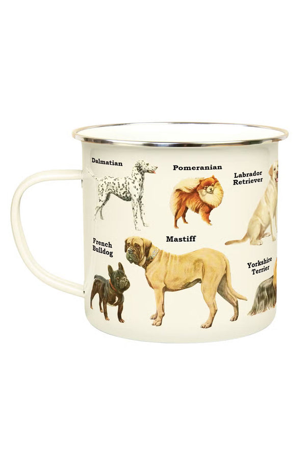 Enamel mug featuring different dog breeds and their breed names all over. This side of the mug features a Dalmatian, Pomeranian, Mastiff, French Bulldog, Labrador Retriever, and a Yorkshire Terrier.
