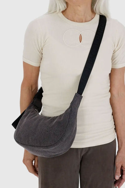 Small Denim Crescent Bag - Washed Black Denim