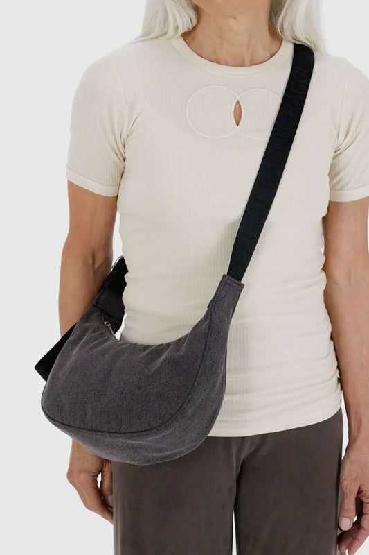 Small Denim Crescent Bag - Washed Black Denim