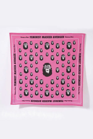 Pink bandana of an all over pattern of Gorilla faces. The border of the bandana says Feminine Masked Avenger, Guerrilla Girls. Whie background.