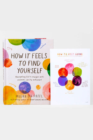 Hardback book titled How It Feels to Find Yourself by Meera Lee Patel. The cover is white with multiple colorful paint circles overlapping each other.