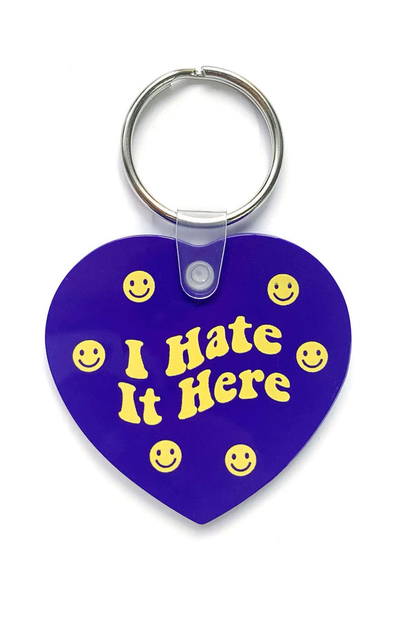 I Hate It Here Purple Happy Face Heart Shaped Vinyl Keychain