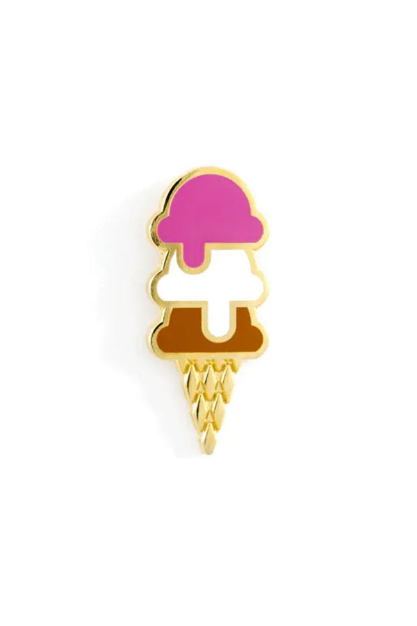 enamel pin of three scoops of ice cream on a cone. The colors are pink, white, and brown. White background.