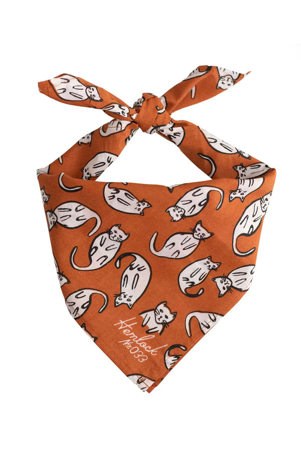 A knotted Orange bandana with an all over print of illustrated white cats laying on their backs. White background.