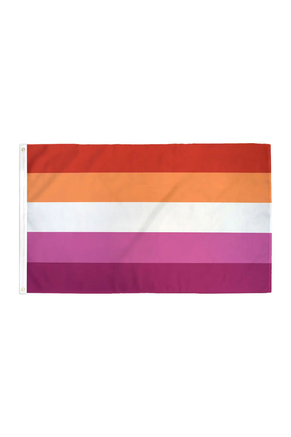 Lesbian Pride Flag laid out on a white background. The flag consists of horizontal stripes of Red, orange, white, pink, and dark pink.