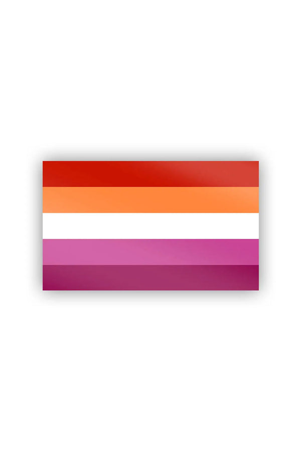Vinyl sticker of the Lesbian Pride Flag. The flag consists of horizontal stripes of red, orange, white, pink, and dark pink. White background.