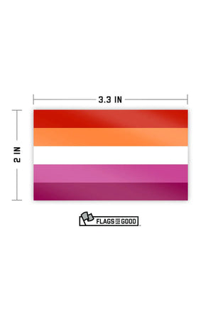 Vinyl sticker of the Lesbian Pride Flag. The flag consists of horizontal stripes of red, orange, white, pink, and dark pink. The sticker measures 2x3.3 inches. White background.