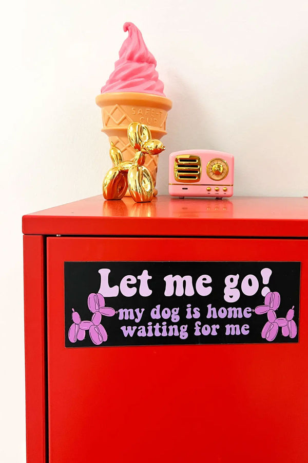 Black car magnet on a red filing cabinet against a white wall. The magnet says "Let Me Go! My dog is home waiting for me" in pink bubble text. On either side of the text is an illustration of a pink balloon dog.