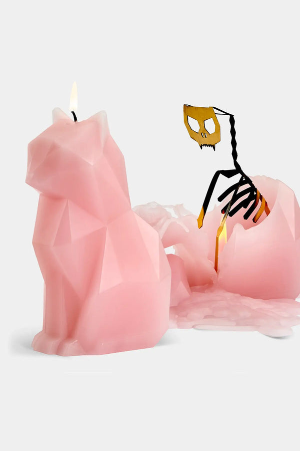 PyroPet Kisa Cat Skeleton Candle - 7" Tall, Light Pink