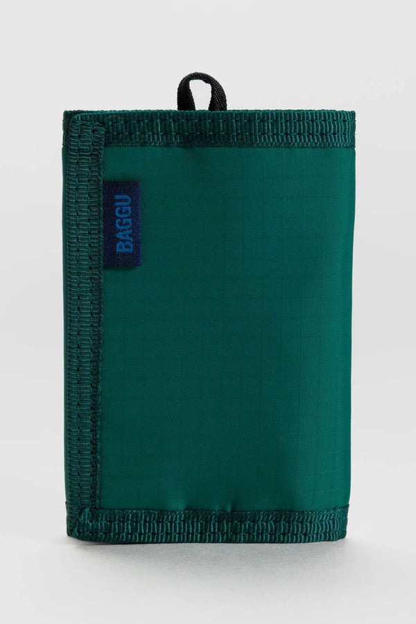 Nylon wallet with a key strap. The wallet is a dark blue green color. White background.