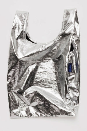 Silver metallic reusable tote bag. 