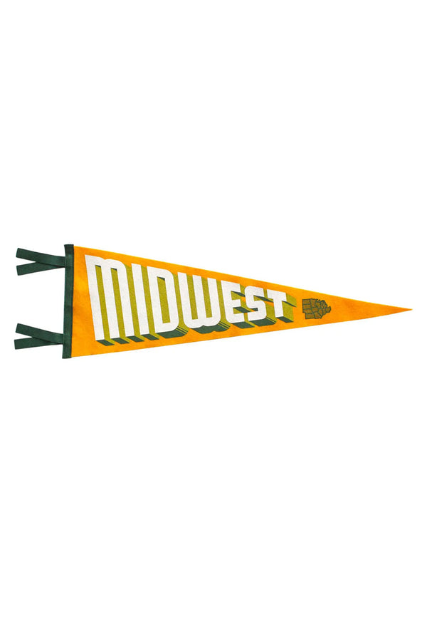 Yellow Pennant flag with green edge and tails. The flag says Midwest in White letting with green shadows. Next to the lettering is a map that shows the midwestern states. White background.